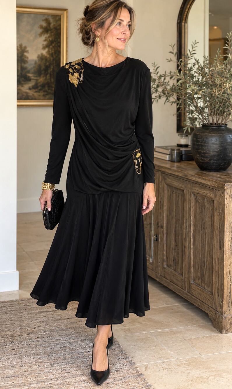 David Rose Black Ruched Dress XL Gold Embellished Long Sleeve Cocktail Formal